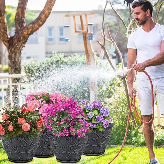 4 Pack 16 Inch Large Plant Pot for Outdoor, Plastic Flower Pot Indoor with Drainage Hole & Saucer, Modern Decorative Garden Pot, Imitation Magnolia Garden Pots for House Planters（Gray） Nooulap