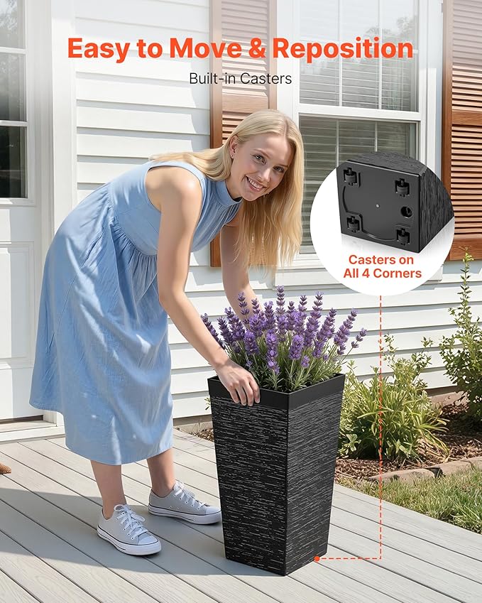 VEVOR Set of 2 Tall Planters for Outdoor Plants 23 inch, Black Tall Planter for Indoor Plants, Modern Planters for Front Porch Patio Balcony, Plant Container Flower Pots with Built-in Drainage VEVOR