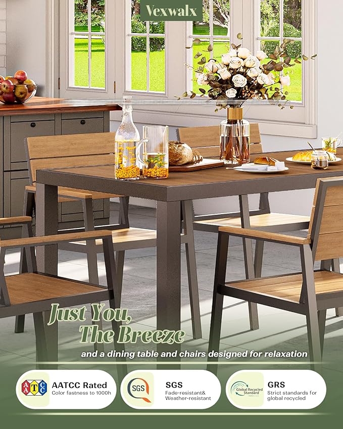 5-Piece Outdoor Dining Set, Aluminum Dining Table Set for 4, Patio Table and Chairs Set with Umbrella Hole, All Weather HDPS Outdoor Table and Chairs for 4 (Gray-Teak) Vexwalx