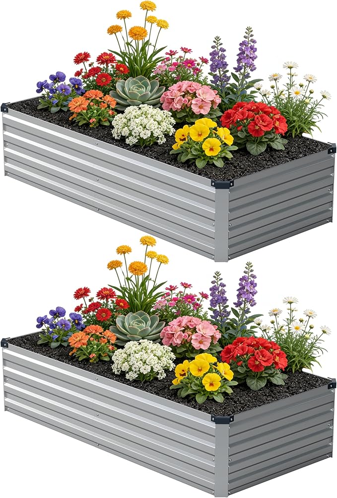 6x1.5x1 ft(2 Pack) Galvanized Raised Garden Bed,Outdoor Planter Box Metal Patio Kit Planting Bed for Vegetables Flowers and Succulents,Silver Zunatu