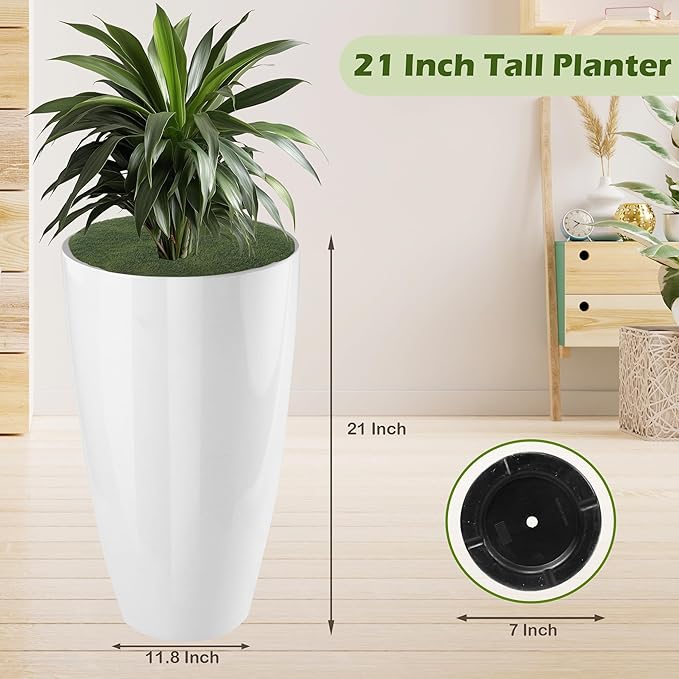 2 Packs 21 inch Tall Planter, Indoor Outdoor Round Planter for Porch, Large Plant Pot with Drainage Hole for Home Garden Front Door, Modern Decorative Pots for Plants (White) Goldshire