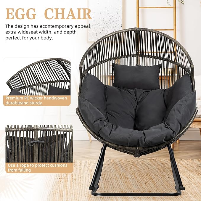 Vongrasig Wicker Egg Chair PE Rattan Rocking Chair with Cushion, Oversized Patio Lounge Rocker Chair for Outdoor, Indoor, Balcony, Backyard, Garden, Black/Rattan Vongrasig