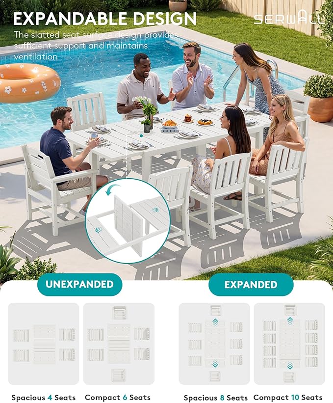SERWALL Outdoor Expandable Dining Table 60" - 83", Patio Dining Table for 4-10 People, All Weather HDPE and Aluminum Outdoor Furniture for Backyard, Garden, White SERWALL