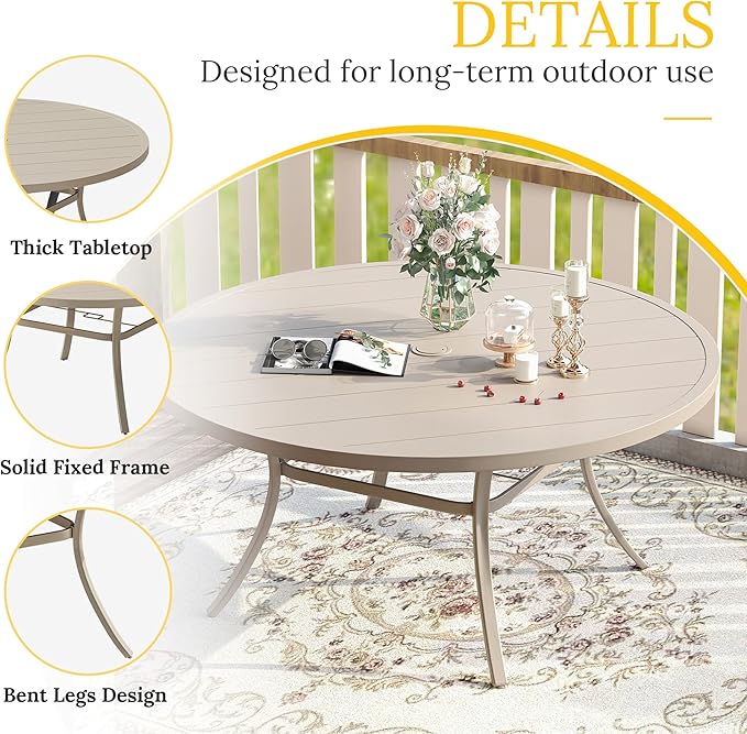 VICLLAX 63" Outdoor Round Patio Table with Umbrella Hole, All Weather Metal Round Outdoor Dining Table for Lawn Garden, 8-10 Person Table, Sandshell HOME