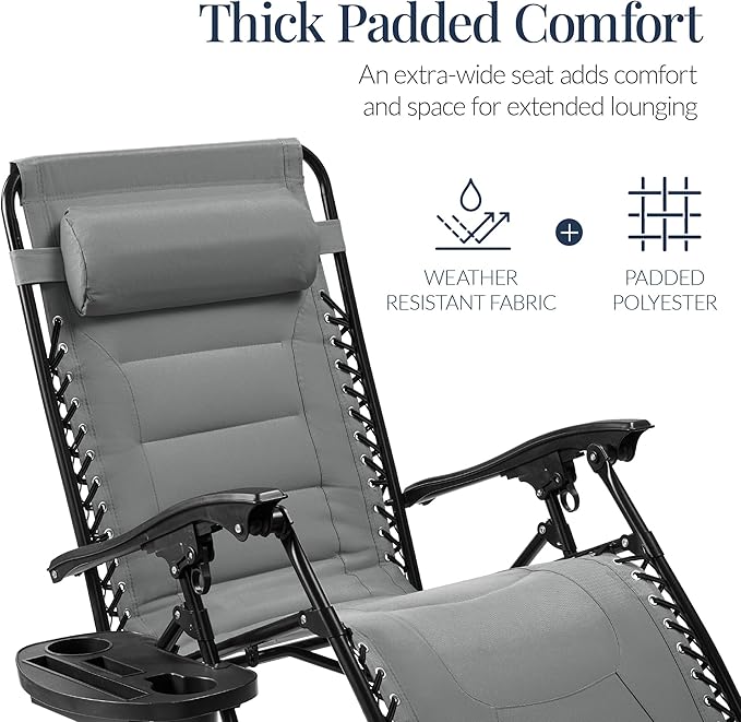 Best Choice Products Oversized Padded Zero Gravity Chair, Folding Outdoor Patio Recliner, XL Anti Gravity Lounger for Backyard w/Headrest, Cup Holder, Side Tray, Polyester Mesh - Ice Gray BestChoiceProducts