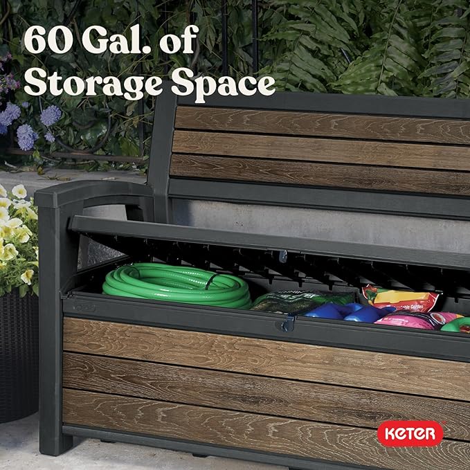 Keter Signature 60 Gallon Storage Bench Deck Box for Patio Furniture, Front Porch Decor and Outdoor Seating – Perfect to Store Garden Tools, Walnut Keter