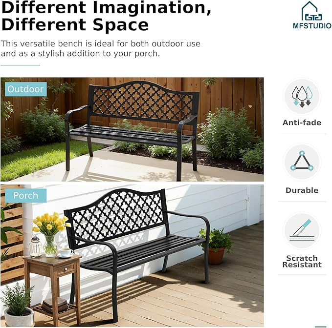 MFSTUDIO 50" Black Outdoor Metal Garden Bench, Cast Iron Frame Patio Furniture with E-Coating, Perfect for Porch and Yard MFSTUDIO