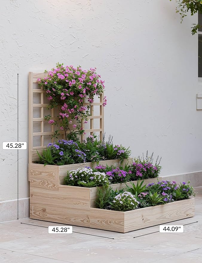 3-Tier Elevated Garden Planter, Wooden Vertical Raised Bed with Trellis & Drainage Base – Ideal for Climbing Plants, Flowers, Herbs, Vegetables – Outdoor Planter Box for Patio, Yard, or Lawn GarveeTech