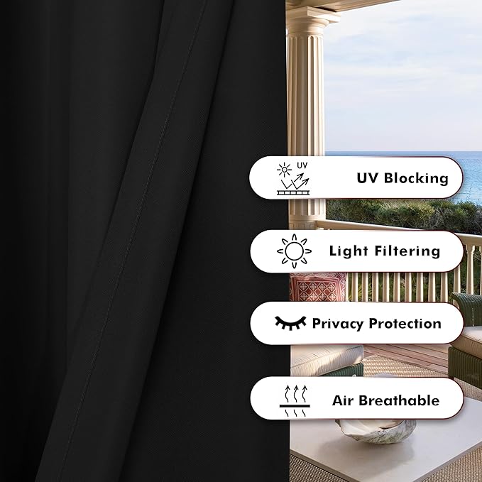 BONZER Outdoor Waterproof Curtains for Patio Wide Grommet Light Filtering Outside Curtains for Gazebo, Porch, Pergola, Pavilion, 1 Panel, 110W x 120L inch, Black Bonzer