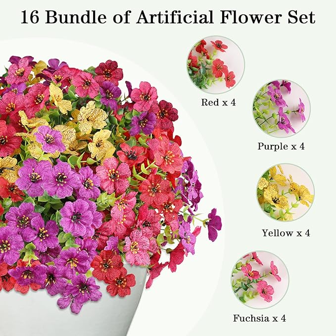 AGIRL 16 Bundles Artificial Flowers for Outdoor,No Fade Fake Plastic Flowers Faux Plants for Hanging Planters Decoration Indoor Outside Garden Porch Window Box Home Wedding AGIRL