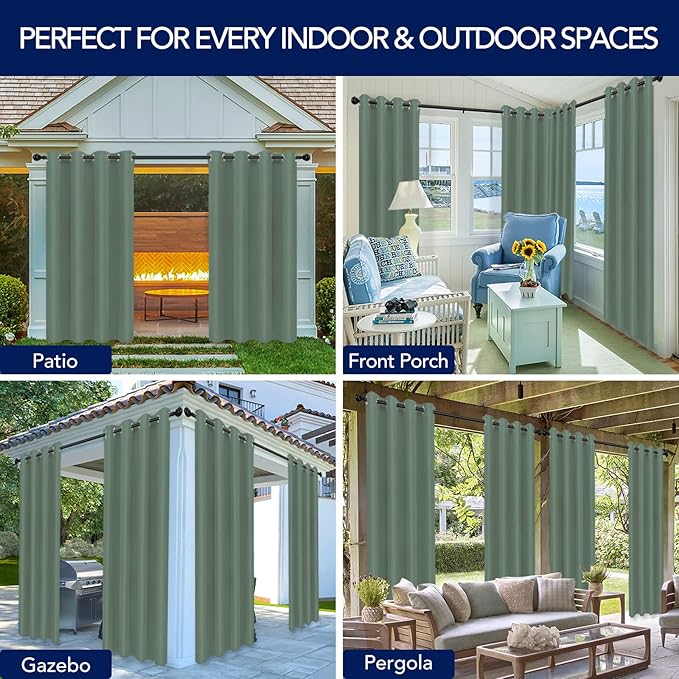 PureFit Outdoor Curtains for Patio Waterproof Weatherproof, UV Resistant Outside Curtains for Gazebo, Front Porch, Pergola, Sun Blocking Privacy Curtain, 52W x 84L inch, 1 Panel, Sage Green PureFit