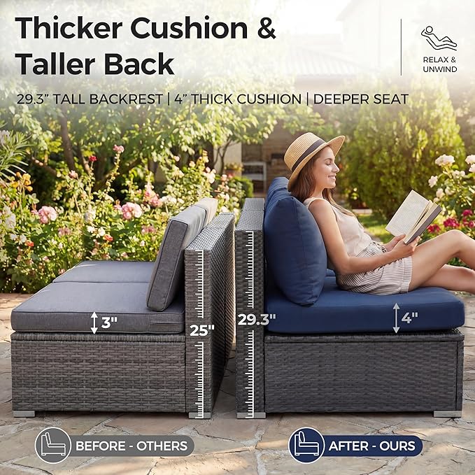 NICESOUL 7 Piece High-End Outdoor Furniture Sofa Set, 29.3'' High Back XL Large Grey Wicker Patio Modular Sectional with Side Tables, All-Weather Couches for Backyard Deck, 2 Color Cushion Navy & Grey NICESOUL