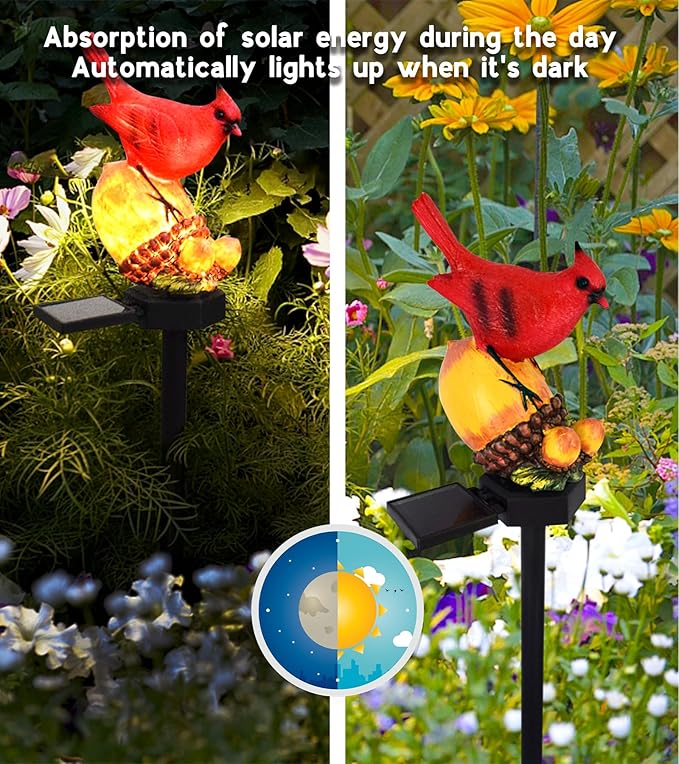 Cardinal Decor Solar Garden Decor Waterproof Red Bird Figurine Solar Stake Lights for Outside Yard, Patio, Lawn, Porch, Cemetery, Grave LAIAMER