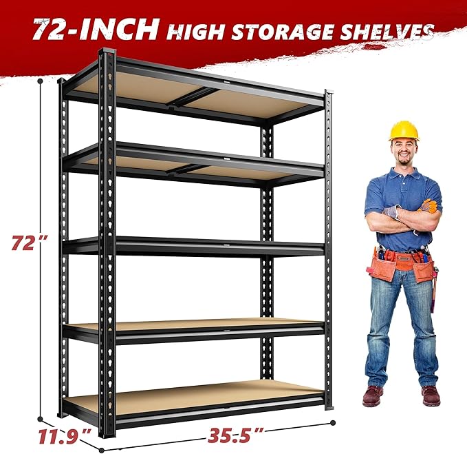 REIBII 2400LBS Garage Shelving Heavy Duty 5 Tier Storage Shelves Adjustable Garage Shelves, Utility Rack Shelf, Shelving Units for Storage Warehouse Pantry Closet, 35.5" W x 11.9" D x 72" H, 2 Pack REIBII