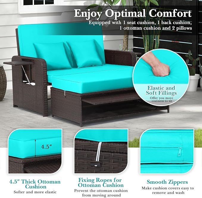 Nightcore Wicker Patio Outdoor Daybed, Outdoor Chaise Lounger w/ 4-Level Adjustable Backrest, Retractable Side Trays, Storage Ottoman, Comfortable & Removable Cushions, Rattan Loveseat (Turquoise) Goplus