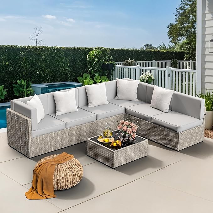 Pamapic 7-Piece Outdoor Sectional Furniture Set, All-Weather Wicker Patio Sofa with Washable Cushions, Gray Waterproof Rattan Conversation Set for Backyard, Poolside, Garden (Gray Cushions) Pamapic