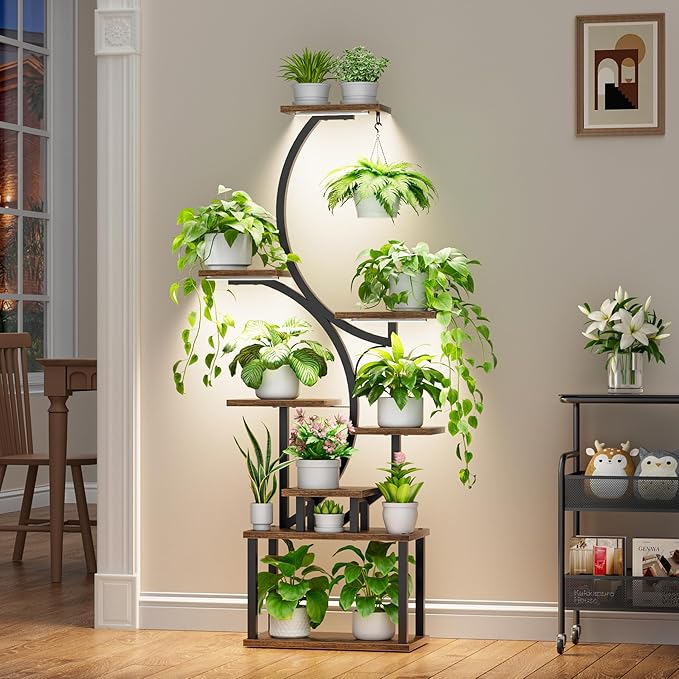 Plant Stand Indoor with Grow Lights - 62" Tall Plant Shelf, Lighted Corner Plant Stands for Indoor Growing, 8 Tiered Large Flower Holder, S-Shaped Decorative Rack for Living Room, Patent Design, Brown BACEKOLL