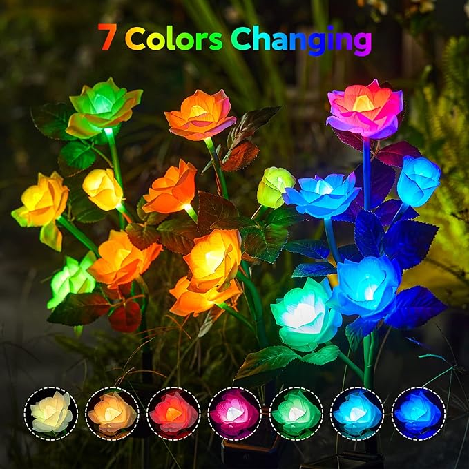 RECHOO Solar Garden Lights Outdoor Decorative, 3 Pack Solar Flower Lights with 15 Rose Flowers, Multi-Color Changing LED Waterproof Garden Decor for Landscape Pathway, Mother's Day Gifts for Women RECHOO