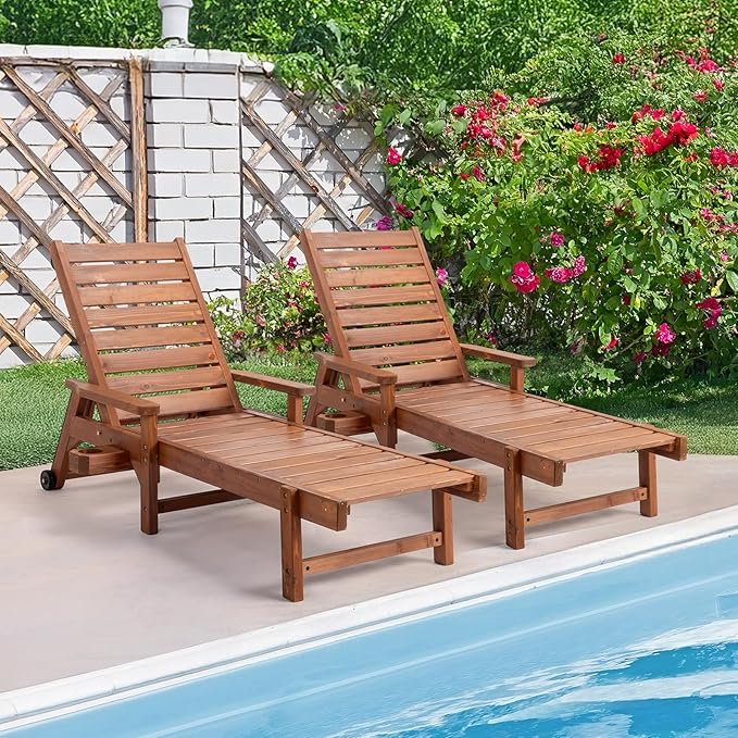 VINGLI Outdoor Chaise Lounge Chair, Wooden Patio Lounger Chair with Adjustable Backrest, Pool Chaise Lounge with Cup Holder & Wheels for Sunbathing Poolside Beach, Brown VINGLI