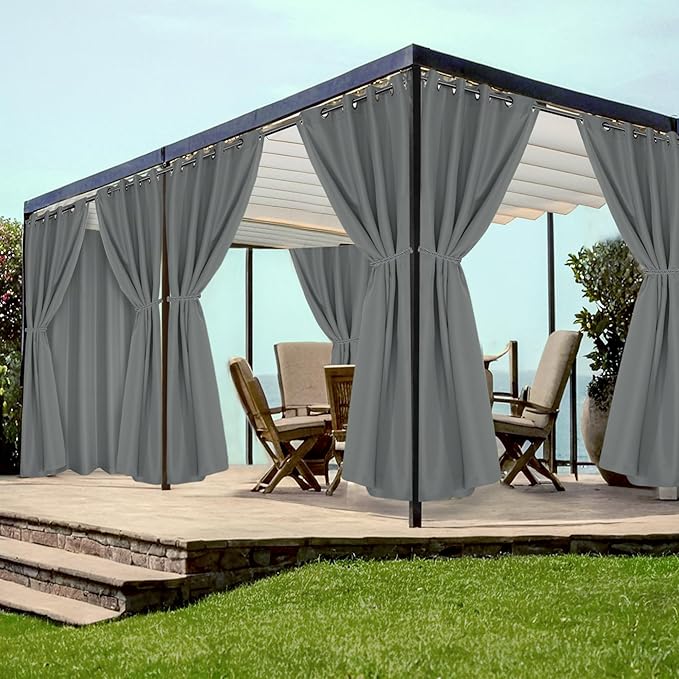HolidayIdeas Grommet Top Outdoor Curtains for Patio Waterproof 8 Pcs All Weather Balcony Outside Curtain Panels for Apartments, Gazebo, Pergolas, Porch, 54x120 Inch, Grey HolidayIdeas