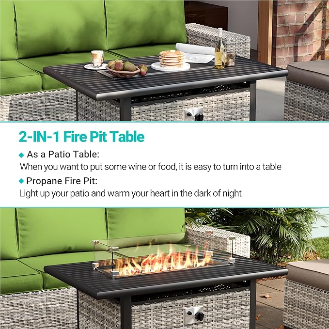 16-Piece Outdoor Patio Furniture Set with Rocking Swivel Chair, PE Wicker Rattan Sectional Sofa Patio Conversation Set with 55,000 BTU Fire Pit Table & Coffee Table, LAvocado Green MuphyersPatioFurniture