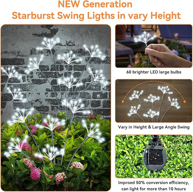 Solar Garden Lights 2 Pack Waterproof Solar Swaying Starburst Light Outdoor Lights for Yard Patio Walkway Pathway Party Wedding Christmas Decoration, White Yaafen
