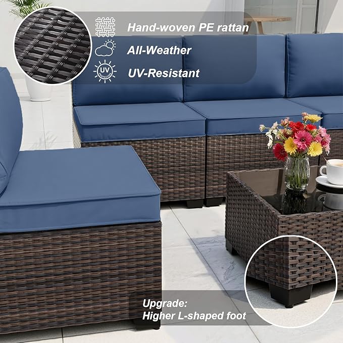 ALAULM Patio Furniture Set with Coffee Table, 7 Pieces Outdoor Sectional with Wide Seat and Thick Cushion, All Weather Wicker Rattan Conversation Set for Backyard, Garden, Deck, NavyBlue ALAULM