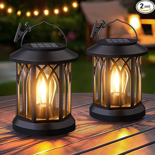 Hanging Solar Lanterns Outdoor Waterproof - 2 Pack Lanterns Decorative Outdoor Patio Decor with Clip Solar Lantern for Outside - Outdoor Lanterns for Patio Garden Waterproof Gifts for Women Mom Family SIMLIX
