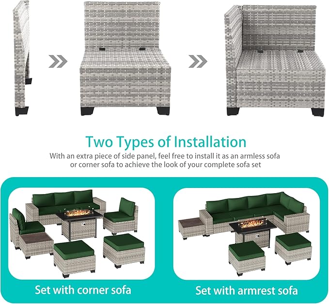 9-Piece Outdoor Patio Furniture Set with 55,000 BTU Fire Pit Table, PE Wicker Rattan Sectional Sofa Patio Conversation Set with Ottomans & Coffee Table, Green MuphyersPatioFurniture