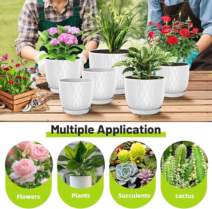 Plastic Plant Pots 10/9/8/7.5/7 inch Set of 5, Flower Planters with Drainage Holes and Saucers, Plastic Pots for Indoor Outdoor Plants, Livingroom Garden Decor (White) LesOasis