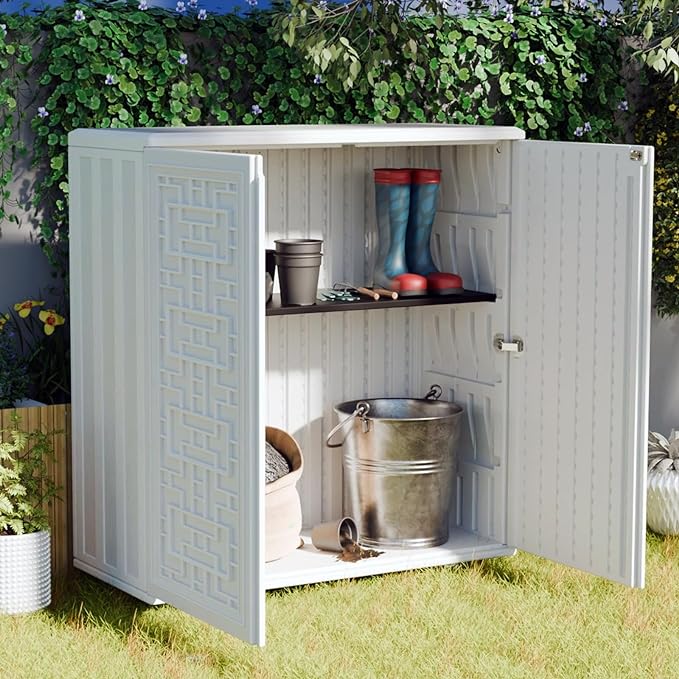 Indoor Outdoor Storage Cabinet Waterproof with Shelf, Off White Plastic Outdoor Cabinets for Patio/Garden/Backyard, Size 34.3''L*15''W*36.2''H Mrosaa