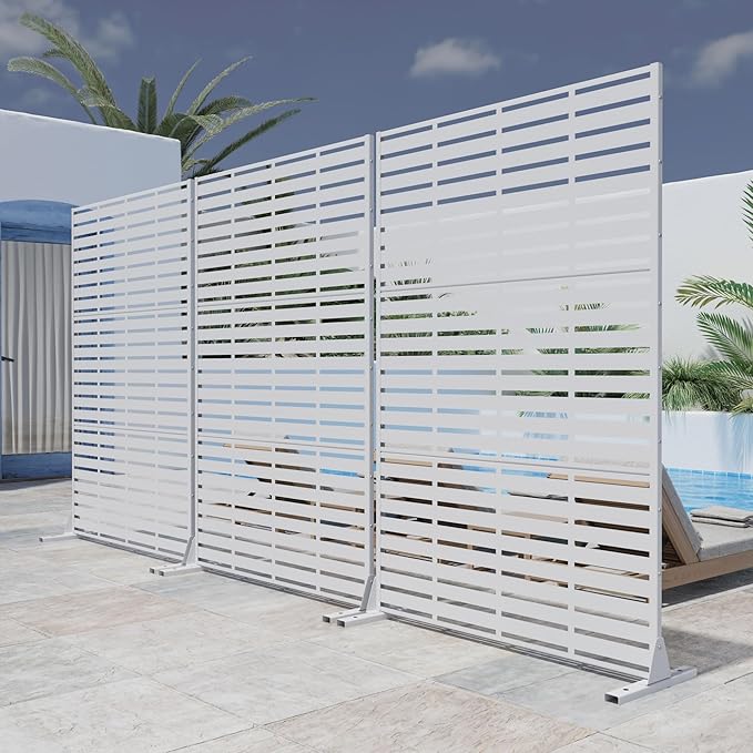 Casaphoria Metal Privacy Screen Outdoor, 72" H x 47" W Freestanding Decorative Privacy Screen for Patio Deck Balcony Garden with Stable Base, White-Adrian Casaphoria
