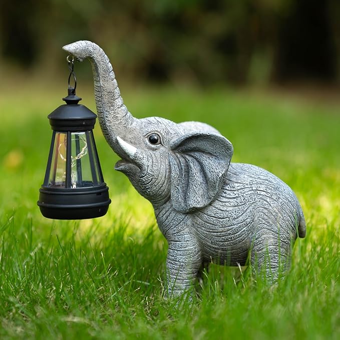Solar Garden Statue Lights Elephants Figurine with Solar Lantern, Outdoor Yard Decorations for Patio Porch Home, Mothers Day Decorations Gift for Women - Unique Housewarming Gifts Candieslife