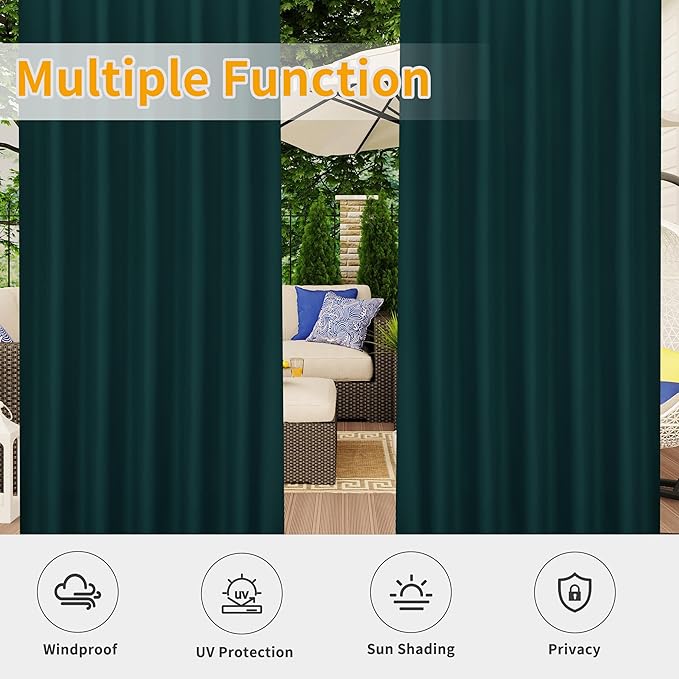 Easy-Going Outdoor Patio Curtains Detachable Tab Top Windproof Weatherproof Curtain for Cabana, Porch, Pergola and Gazebo, Tab Bottom Drape, 2 Panels, 54W x 84L inch, Teal Easy-Going
