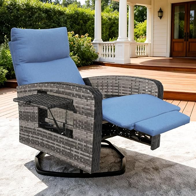 Outdoor Recliner Chair Set of 2, Wicker Patio Recliners with Adjustable Backrest and Extended Foot Rest, Reclining Patio Chairs with Flip Table & Removable Cushion Cover for Porch zzw