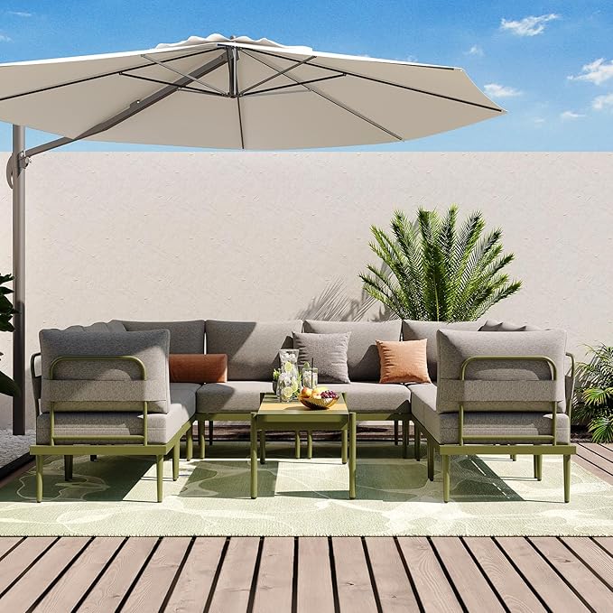 Sundale Outdoor 9 Pieces Patio Furniture Set, U-Shaped Outdoor Sectional Sofa with 6 Inch Olefin Cushion and Coffee Table, Modern Metal Outdoor Conversation Sets for Backyard, Poolside SundaleOutdoor