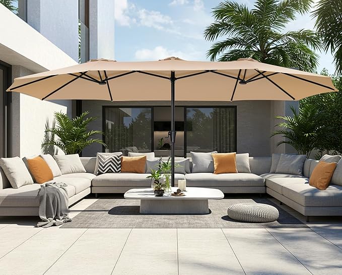 SUPERJARE 15FT Outdoor Umbrella for Patio, Double sided Pool Umbrellas with Fade Resistant Canopy, Large Table Umbrella for Deck, Market, Backyard - Beige SUPERJARE