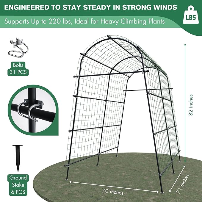 7ft Garden Arch Trellis for Climbing Plants Outdoor-Heavy Duty Metal Cucumber Trellis for Raised Beds- Tall Steel Vegetable Arbor with Strong Bolt Assembly & Outdoor-Ready Stakes GardenArchTrellisforPlants