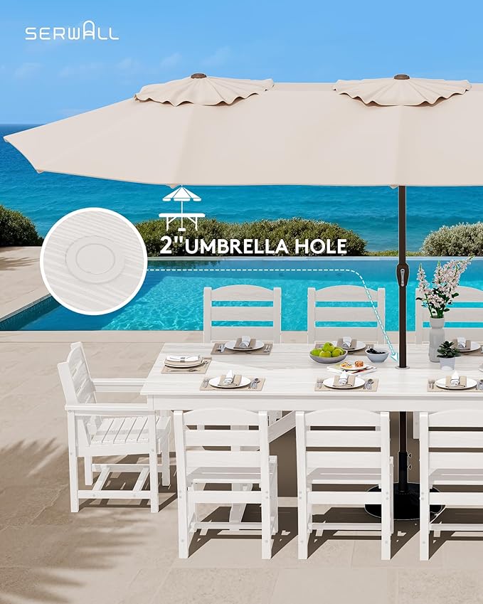 SERWALL 11 Piece Outdoor Dining Set, 84" HDPE Outdoor Table and Chairs for 10，All Weather Patio Furniture Set with Umbrella Hole for Backyard, Garden, White SERWALL