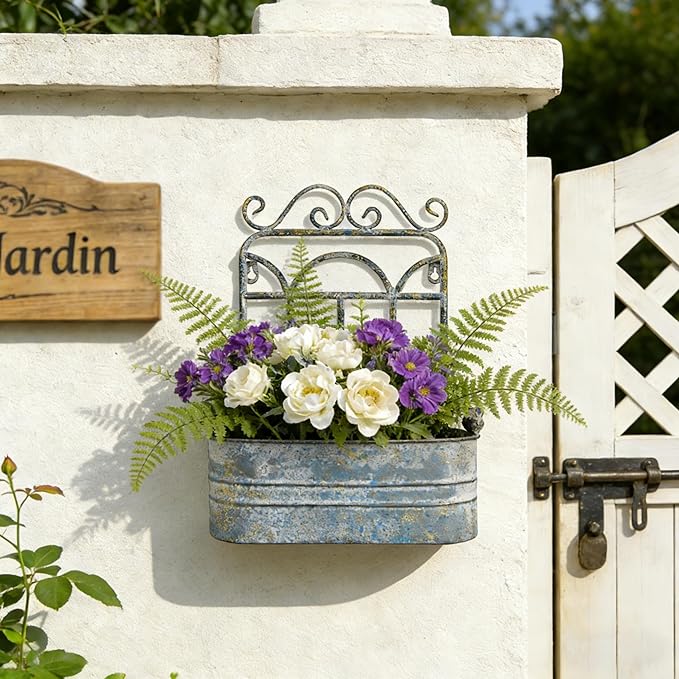 Rustic Metal Wall Planter Vintage Wall Mounted Flower Pot Distressed Wall Hanging Plant Basket Farmhouse Wall Decor for Indoor Outdoor Garden Home Yard (Gray) Rootora
