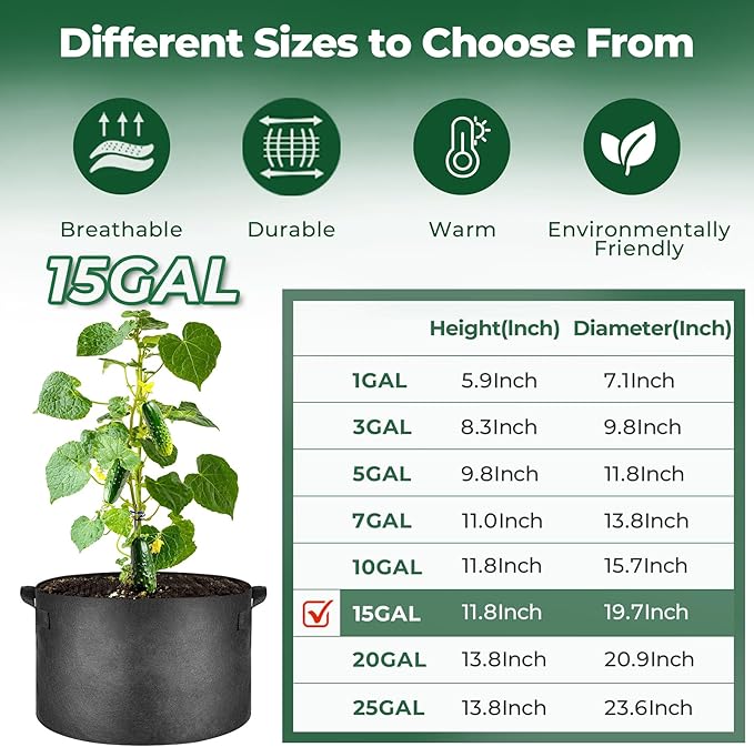 T4U Fabric Plant Grow Bags with Handle 15 Gallon Pack of 5, Heavy Duty Nonwoven Smart Garden Pot Thickened Aeration Nursery Container Black for Outdoor Potato, Tomato, Chili, Carrot and Vegetables T4U