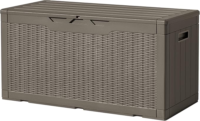 Devoko 97 Gallon Deck Box, Waterproof Resin Outdoor Storage Box for Outside and Patio, Large Outdoor Storage Bench Cabinet Lockable for Patio Furniture, Garden Tools and Pool Supplies (Brown) DEVOKO