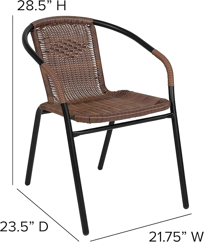 EMMA + OLIVER Set of 2 Modern Rattan Indoor/Outdoor Stack Chairs, Stacking Rattan Patio Chairs with Curved Back and Cross Bracing, Brown EMMAOLIVER