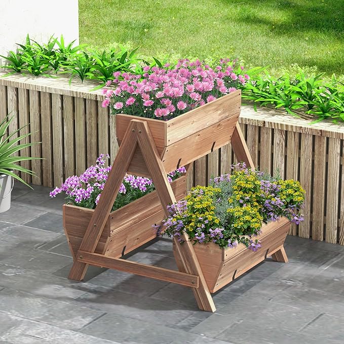 Giantex Vertical Raised Garden Bed, 3 Wood Planter Boxes for Flower Vegetable Fruit Herb, Freestanding Garden Planter with Drain Holes, Elevated Raised Beds for Indoor Outdoor Lawn Patio Yard, Brown Giantex