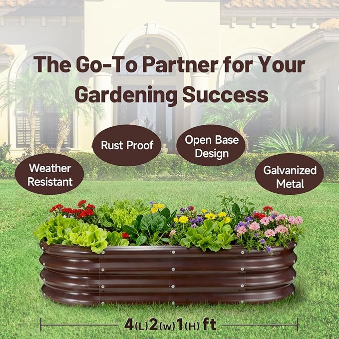 GOOZOO Galvanized Planter Raised Garden Bed, 4x2x1ft Raised Garden Bed Kit for Gardening Outdoor, Oval Metal Land Planter Box for Vegetables, Fruits, Flowers（Brown） GOOZOO