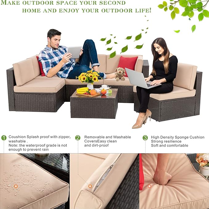 Vongrasig 6 Piece Patio Furniture Set, Small Outdoor Sectional Sofa Couch, All Weather PE Wicker L-Shaped Corner Patio Sofa Garden Backyard Patio Conversation Set w/Glass Table, Beige Vongrasig