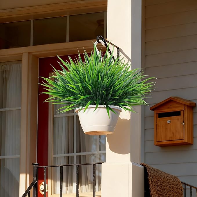 12Pcs Artificial Plants Outdoor Fake Plastic Grass Spring Decoration UV Resistant Faux Greenery Stems Bushes Outside Fake Plants for Planters Patio Porch Window Box Pathway Garden Home Decor, Green Ivydale
