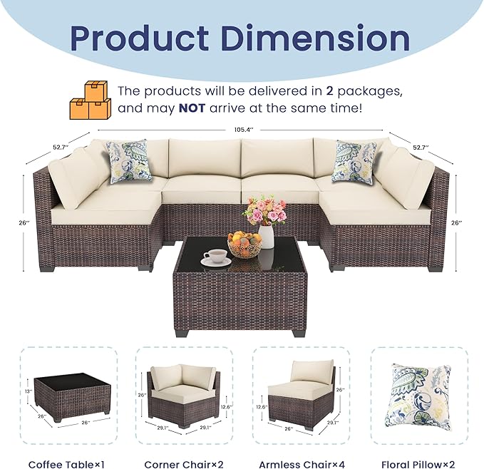 Outdoor Patio Furniture Set with 43'' Fire Pit Table, 8 Pcs Outdoor Patio Furniture Conversation Sets with 4in Thicken Cushion, Wicker Outdoor Sectional for Backyard, Garden, Balcony,Deck, Brown/Beige Olimix