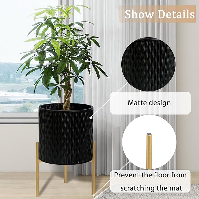 ARNIS Plants Pots with Stand, Set of 2 Planters, Unique Mid Century Decorative Metal Flower Pots with Drainage, 8.25 & 10.5 Inch, Black ARNIS