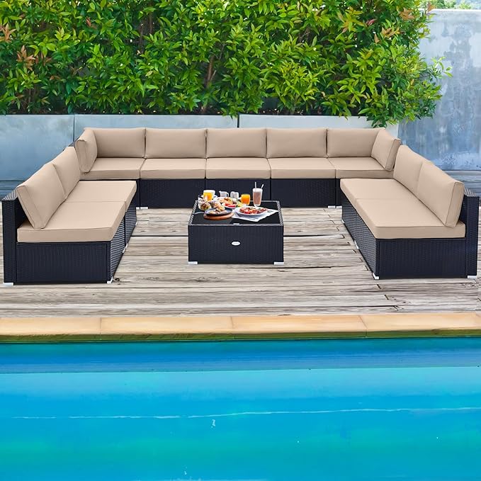 Tangkula 10 Pieces Patio Sofa Set, Outdoor Wicker Conversation Set with Soft Cushions, Tempered Glass Tabletop, Sofa Fastener Clips Included, Rattan Furniture Set for Backyard, Poolside (Beige) TANGKULA